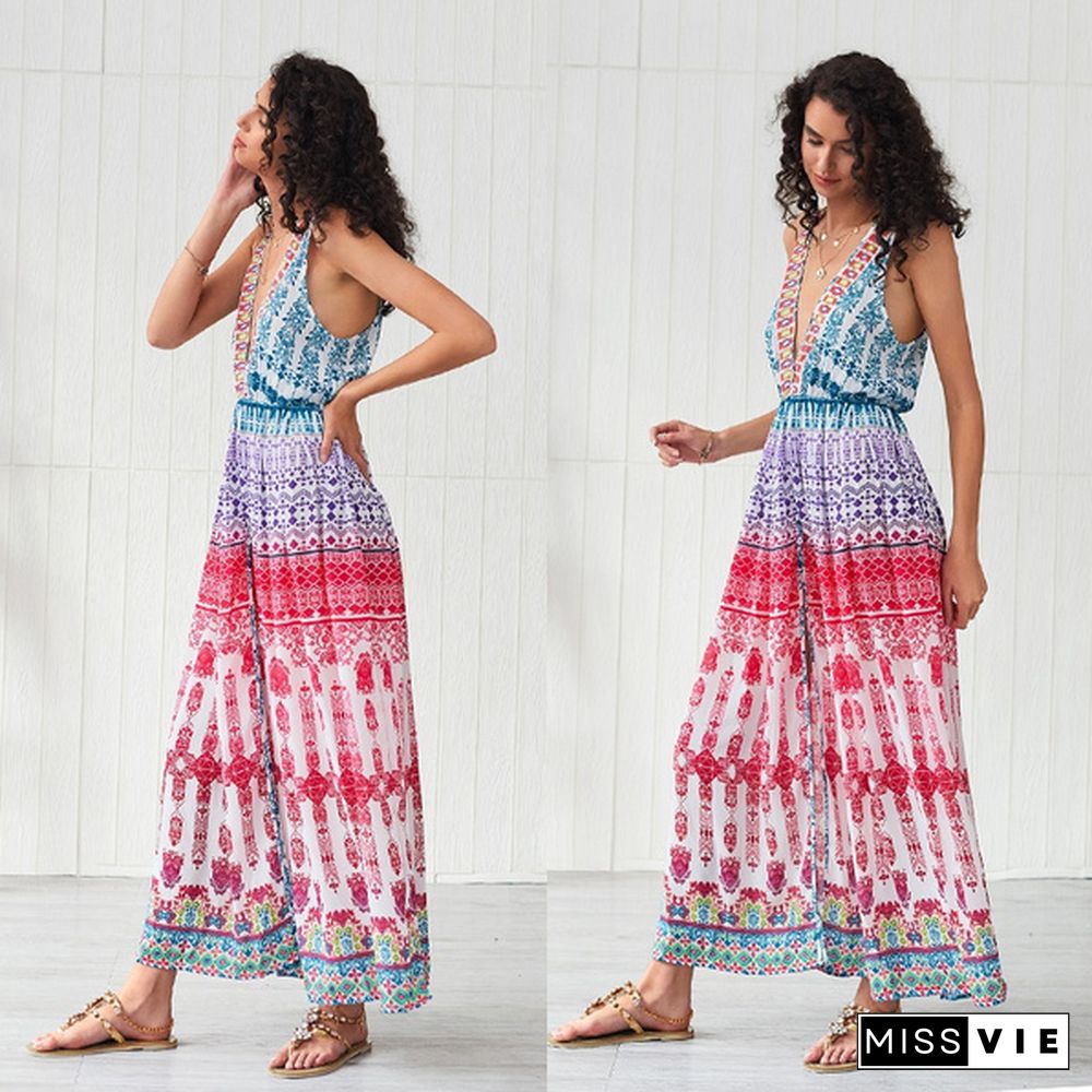 Women Bohemian Dress Beach Slit Hem Dress Boho Deep V Neck Vacation Sleeveless Floral Dress Long Maxi Dress