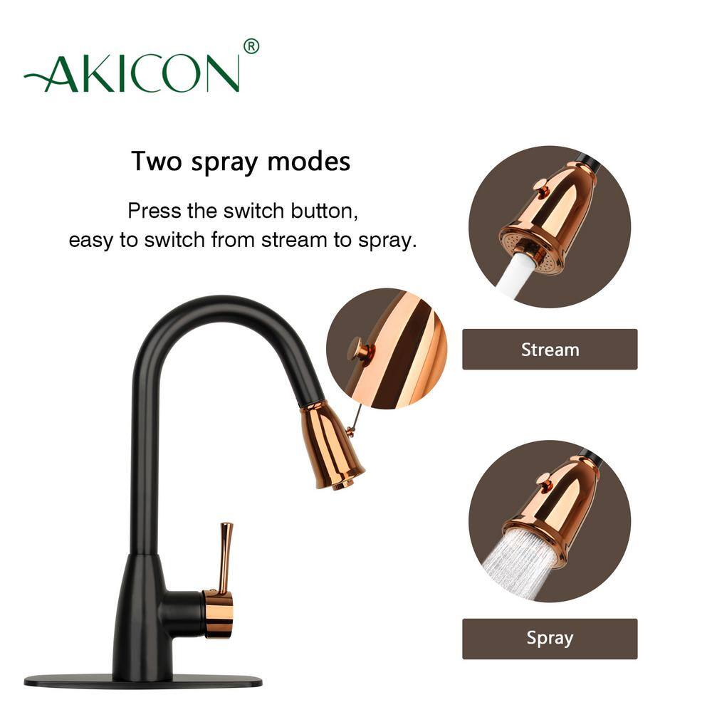 Akicon Two Tone Single Handle Deck Mount Pull Down Sprayer Kitchen Faucet with Deckplate and Soap Dispenser and Air Gap AK96455BLRG-SDA