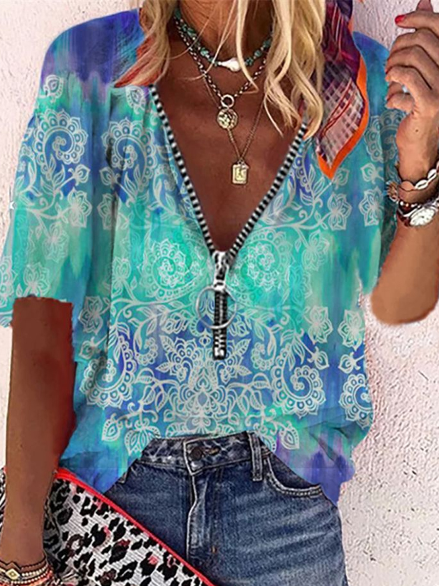 V-neck Zip Ethnic Print Short Sleeve Blouse