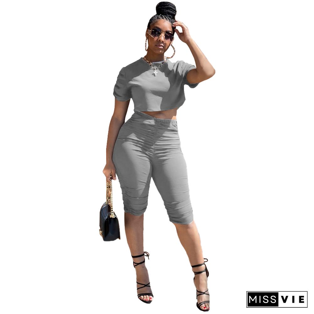Pleated Knee Length Shorts Short Sleeve Crop Top Set