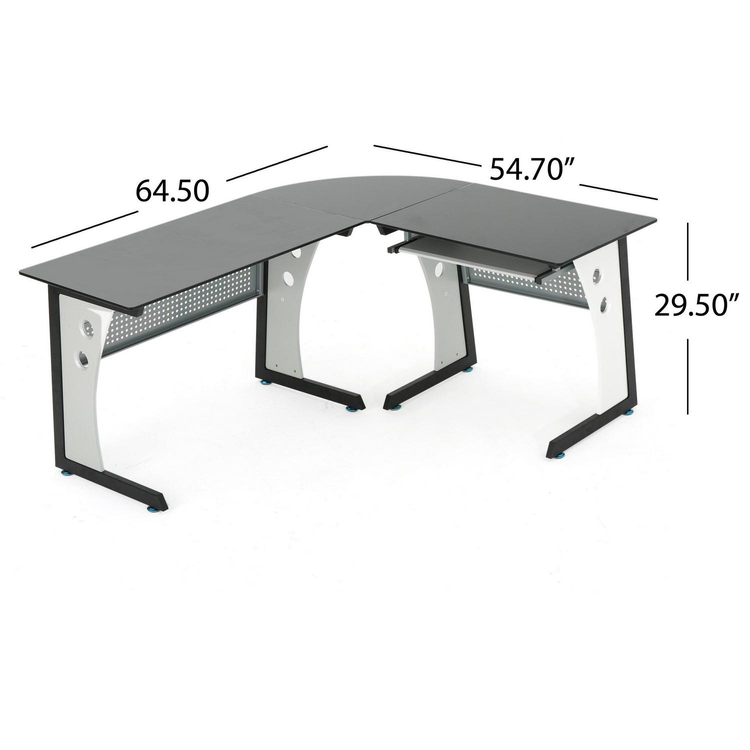 Noble House Ebba L Shaped Office Desk with Tempered Glass Top， Black， Grey