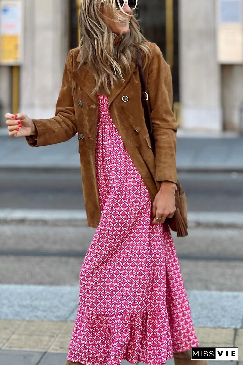 Rose Printed Ruffled Hem Long Dress