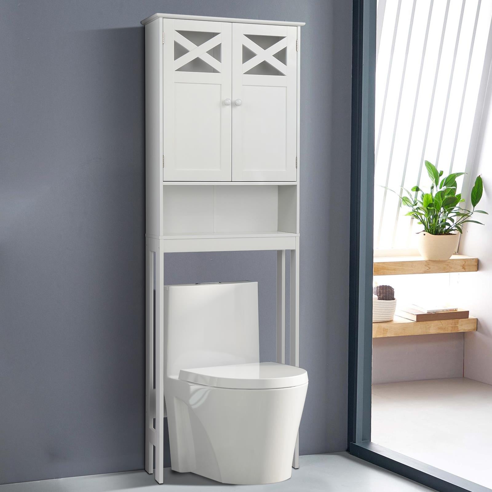 Ktaxon Over the Toilet Bathroom Storage Spacesaver, Freestanding Bathroom Cabinet with Double Doors and Adjustable Shelves, White Finish