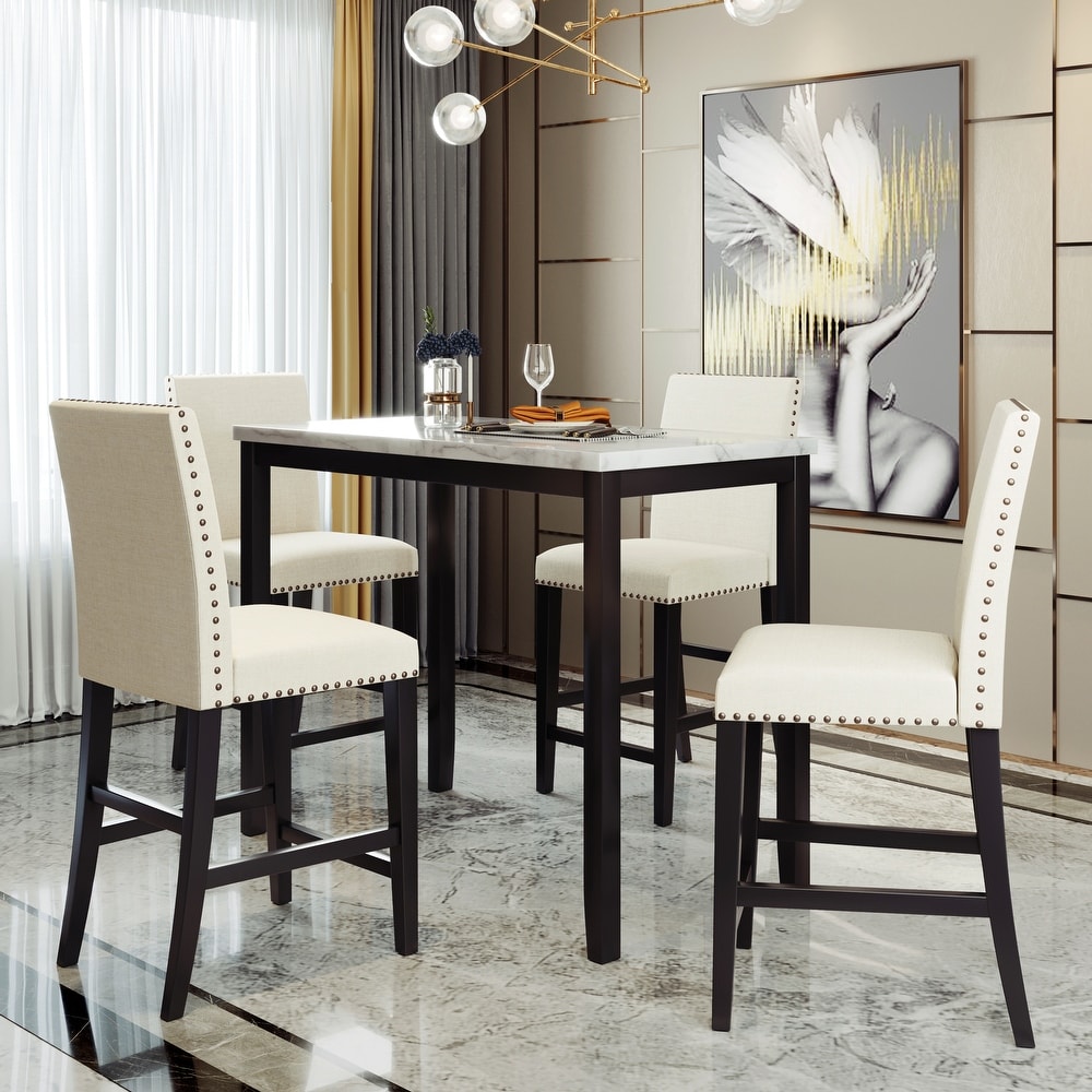 Luxury 5 Piece Counter Height Dining Table Set with Marble Dining Table and Upholstered Dining Chairs  for Living Room  Beige