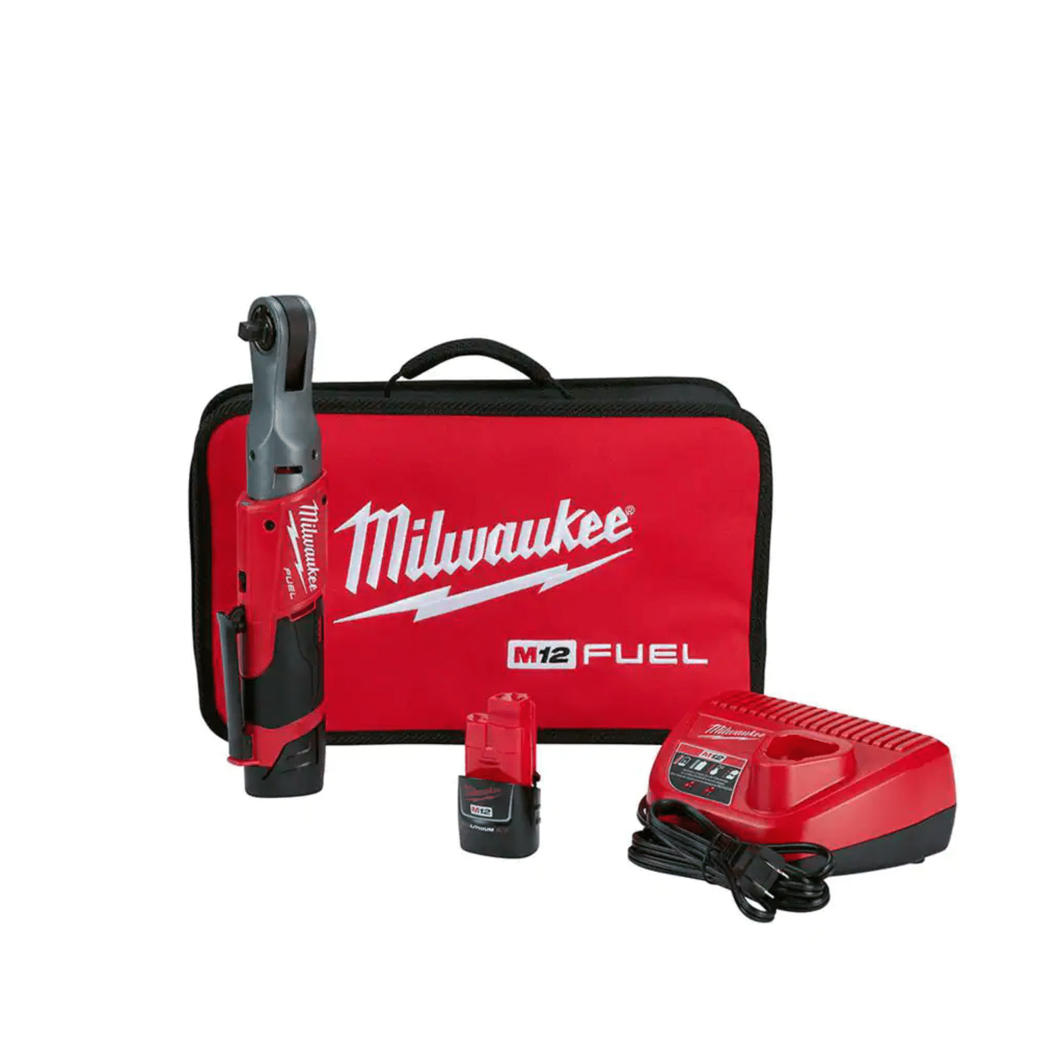 Milwaukee M12 Fuel 12-Volt Lithium-Ion Brushless Cordless 3/8 in. Ratchet Kit with (2) 2.0Ah Batteries， Charger and Tool Bag (2557-22)