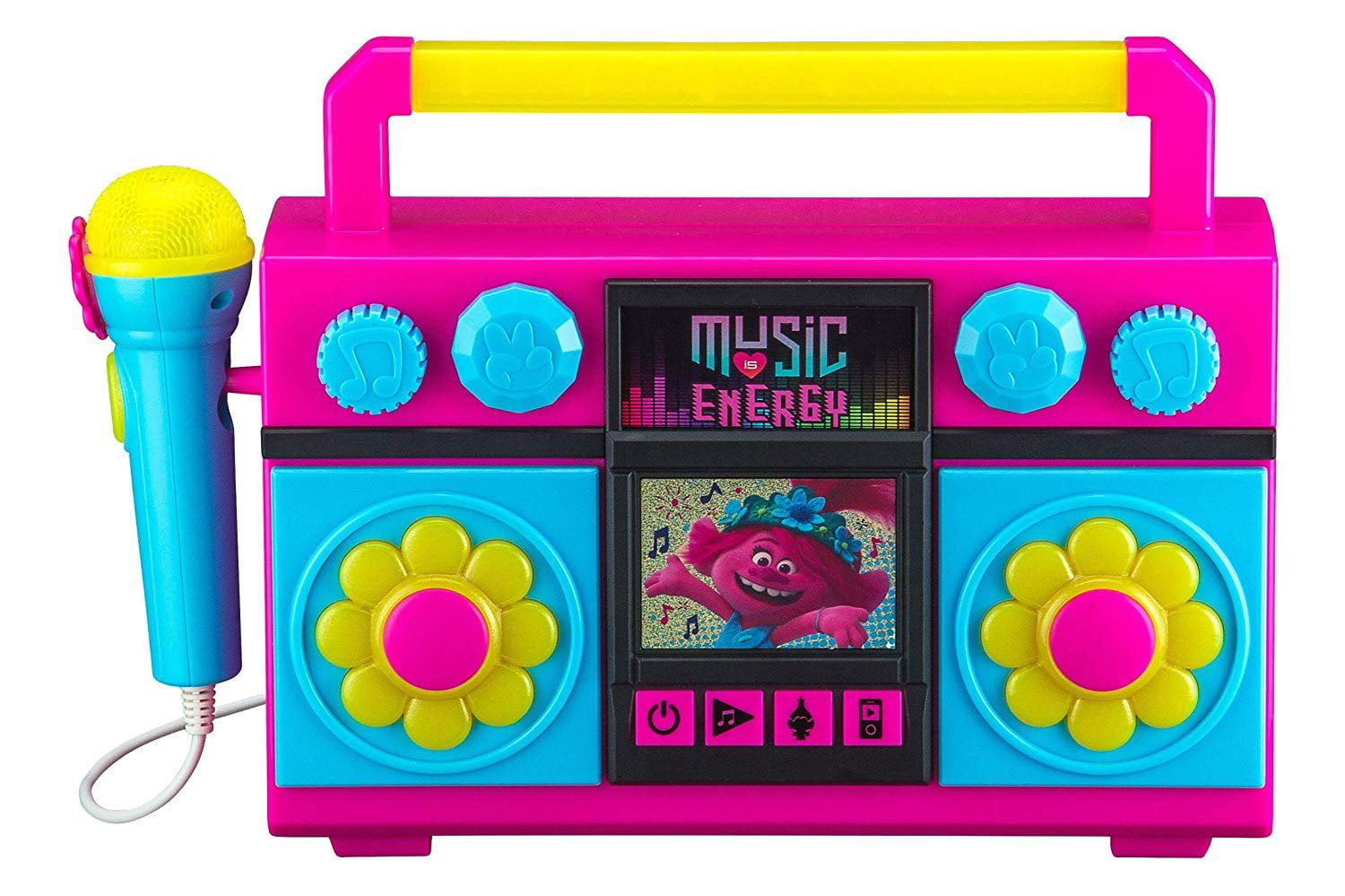 KIDdesigns Trolls World Tour Sing Along Boombox Karaoke with Microphone， Flashing Lights