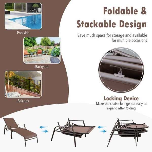 2 Pieces Patio Folding Chaise Lounge Chair Set with Adjustable Back-Brown - 63.5 x 28