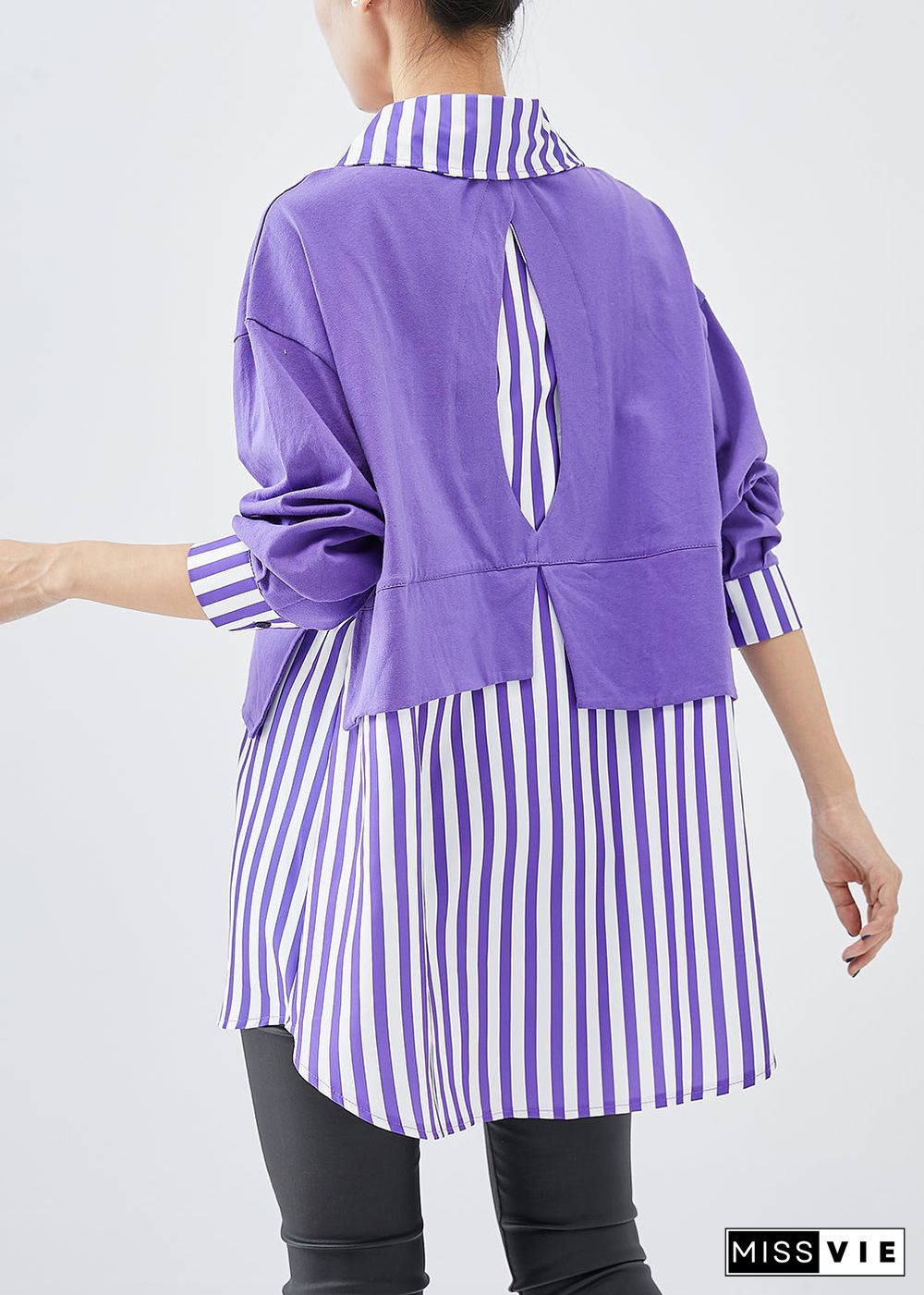 French Purple Oversized Patchwork Striped Cotton Sweatshirt Fall