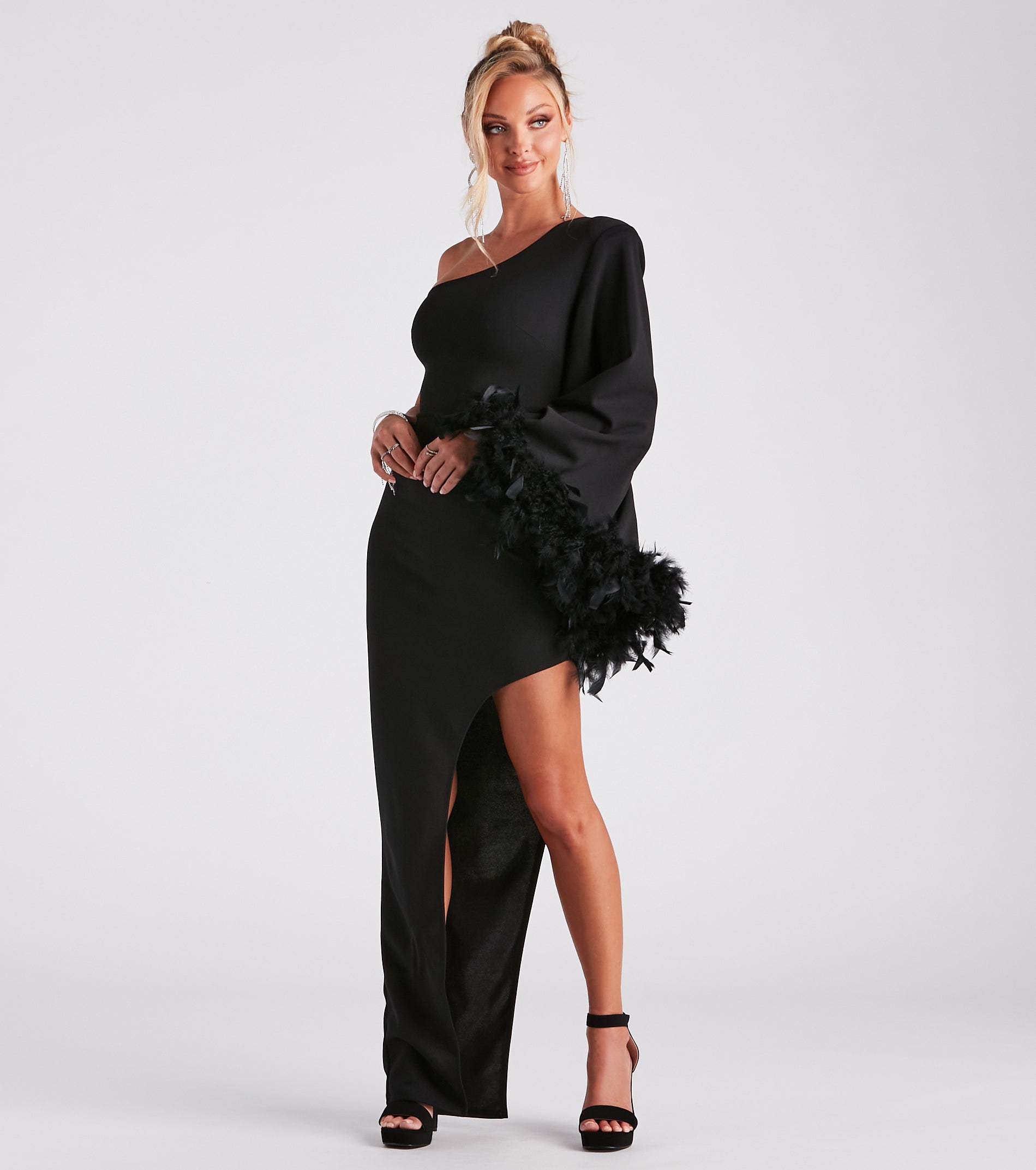 Vivian One-Shoulder Feather Trim Formal Dress