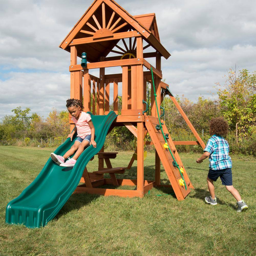 Swing-N-Slide Playsets Professionally Installed Sky Tower Complete Wooden Outdoor Playset with Slide Swings and Swing Set Accessories 6036