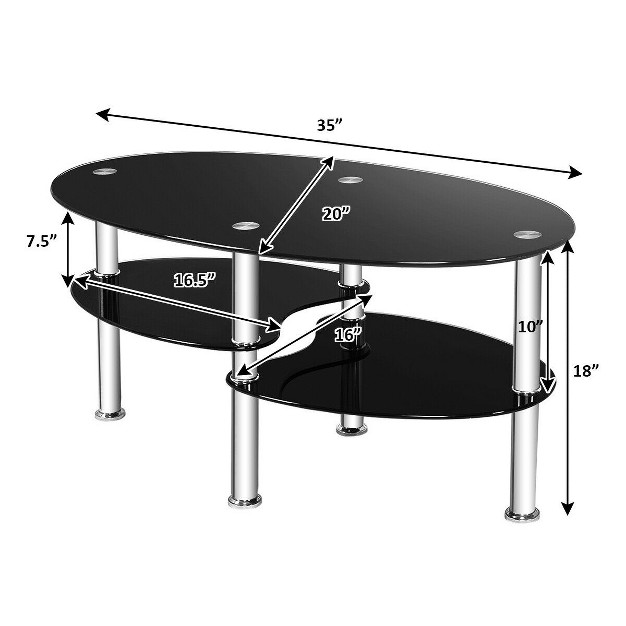 Costway Tempered Glass Oval Side Coffee Table Shelf Chrome Base Living Room Black