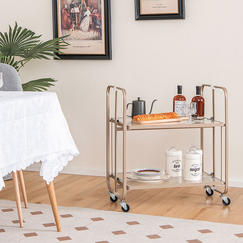 2-Tier Mobile Serving Cart with Tempered Glass Shelf-Golden