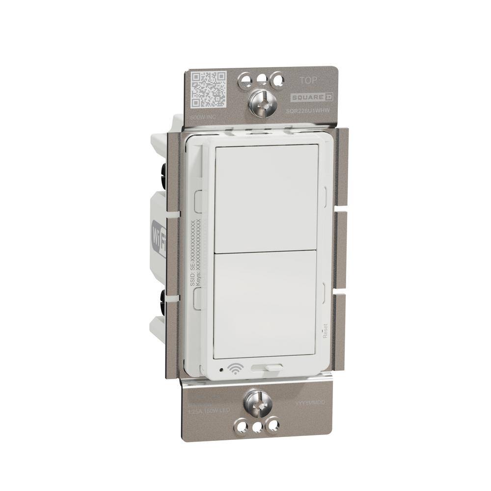 Square D X Series 15 Amp 600 Watt Single-Pole3-Way Wi-Fi Energy Monitor Rocker Dimmer Light Switch Back Wire Clamps Matte White SQR226U1WHW