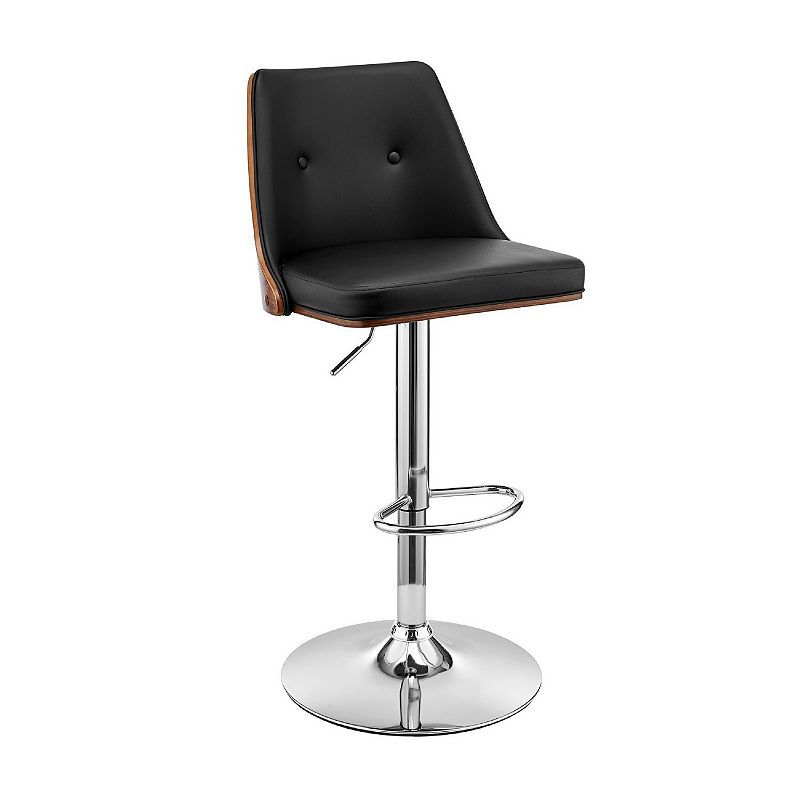 Adjustable Barstool with Faux Leather and Wooden Backing， Black and Brown