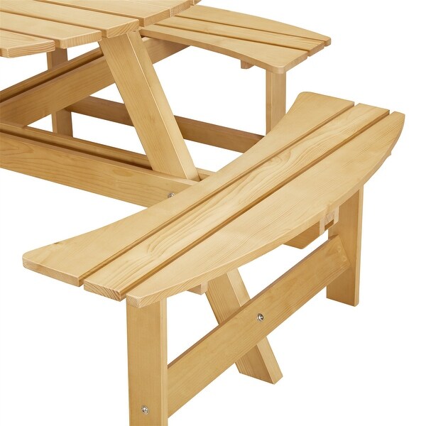 Outdoor Round Wood Picnic Table with 4 BuiltIn Benches，Umbrella Hole