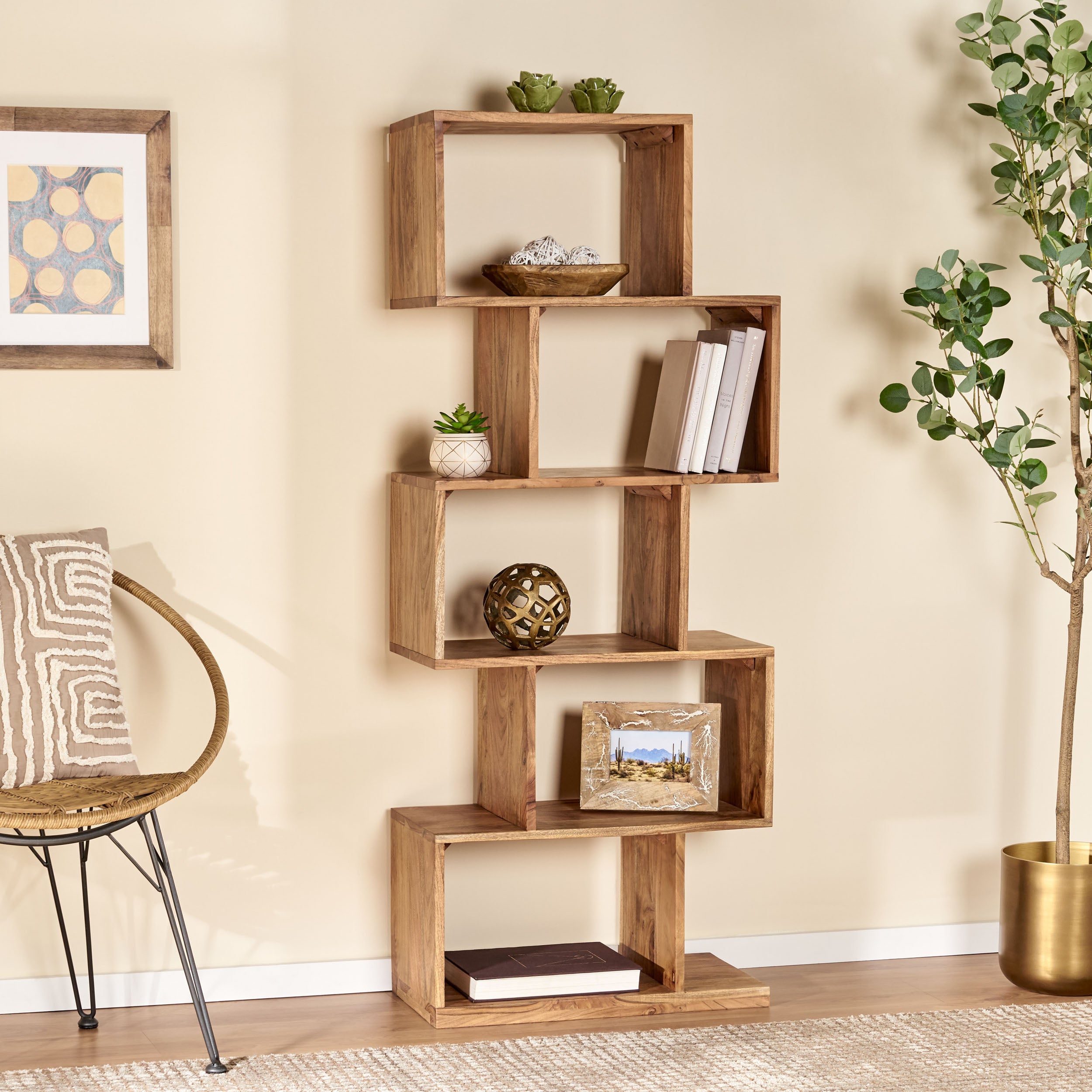 Hilldale Handcrafted Boho 5 Shelf Acacia Wood Etagere Bookcase