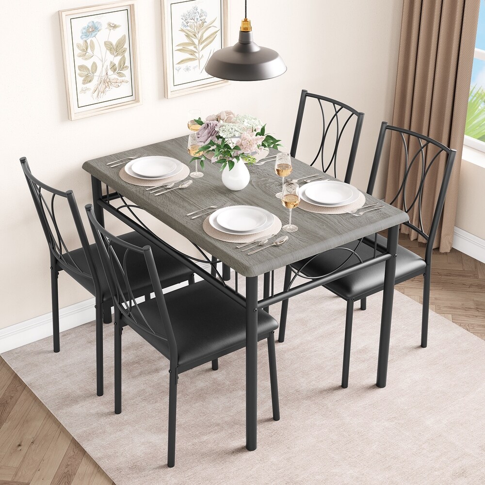 Industrial Dining Table Set with 4 Upholstered Chairs for Apartment Small Kitchen   Grey