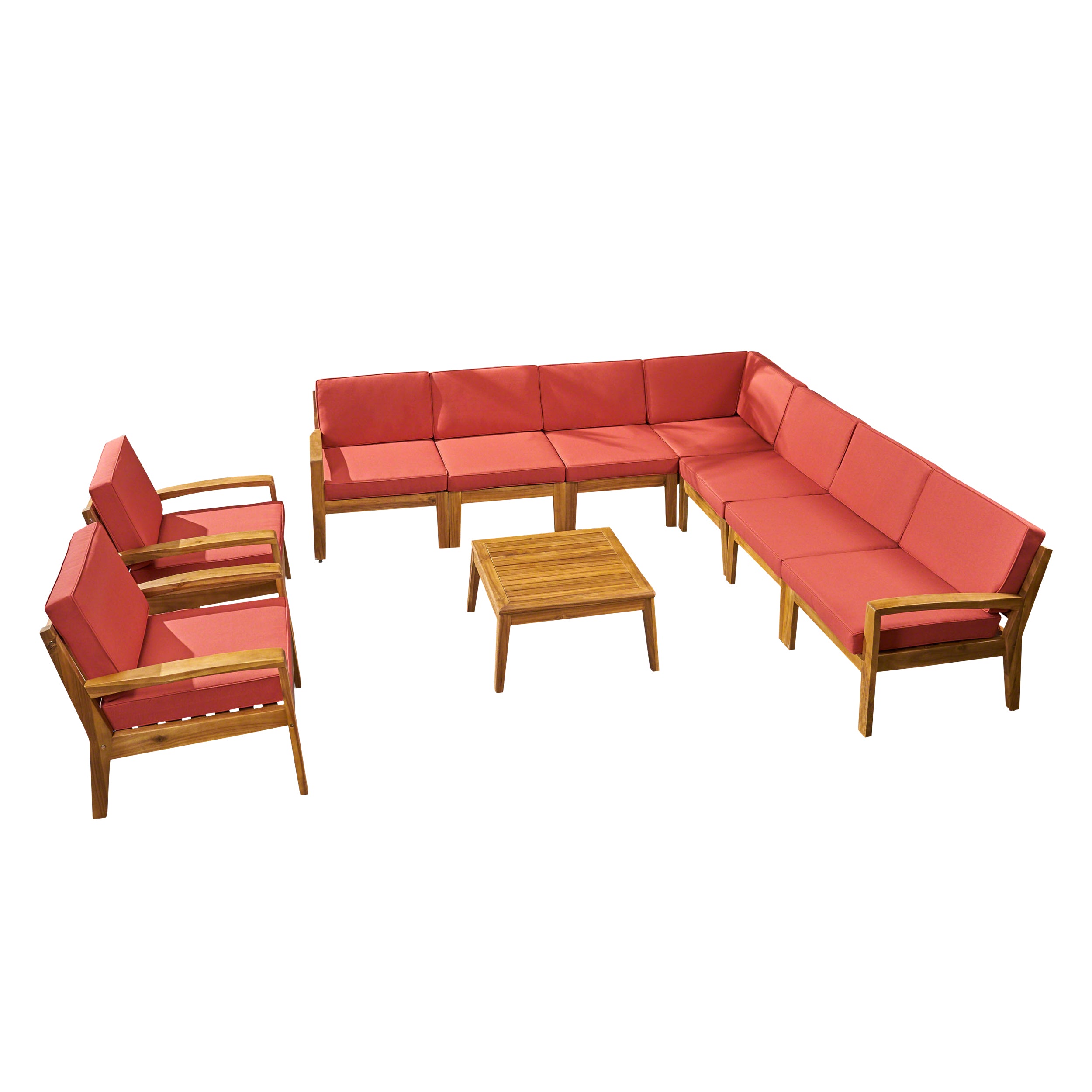 Madeline Outdoor Acacia Wood 9 Seater Sectional Sofa and Club Chair Set with Coffee Table