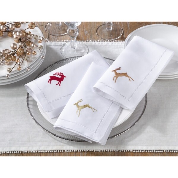 Hemstitch Napkins With Embroidered Gold Reindeer Design