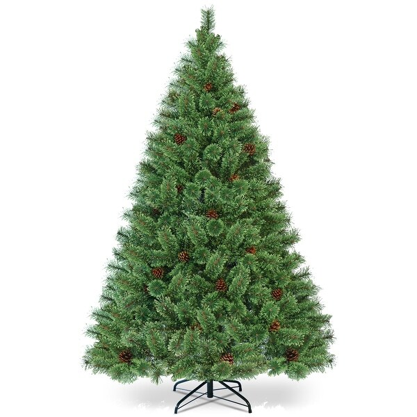 Costway 6Ft PreLit PVC Artificial Carolina Pine Tree Flocked Cones