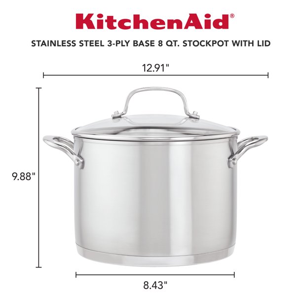 KitchenAid 3-Ply Base Stainless Steel Induction Stockpot with Lid， 8 Quart， Brushed Stainless Steel