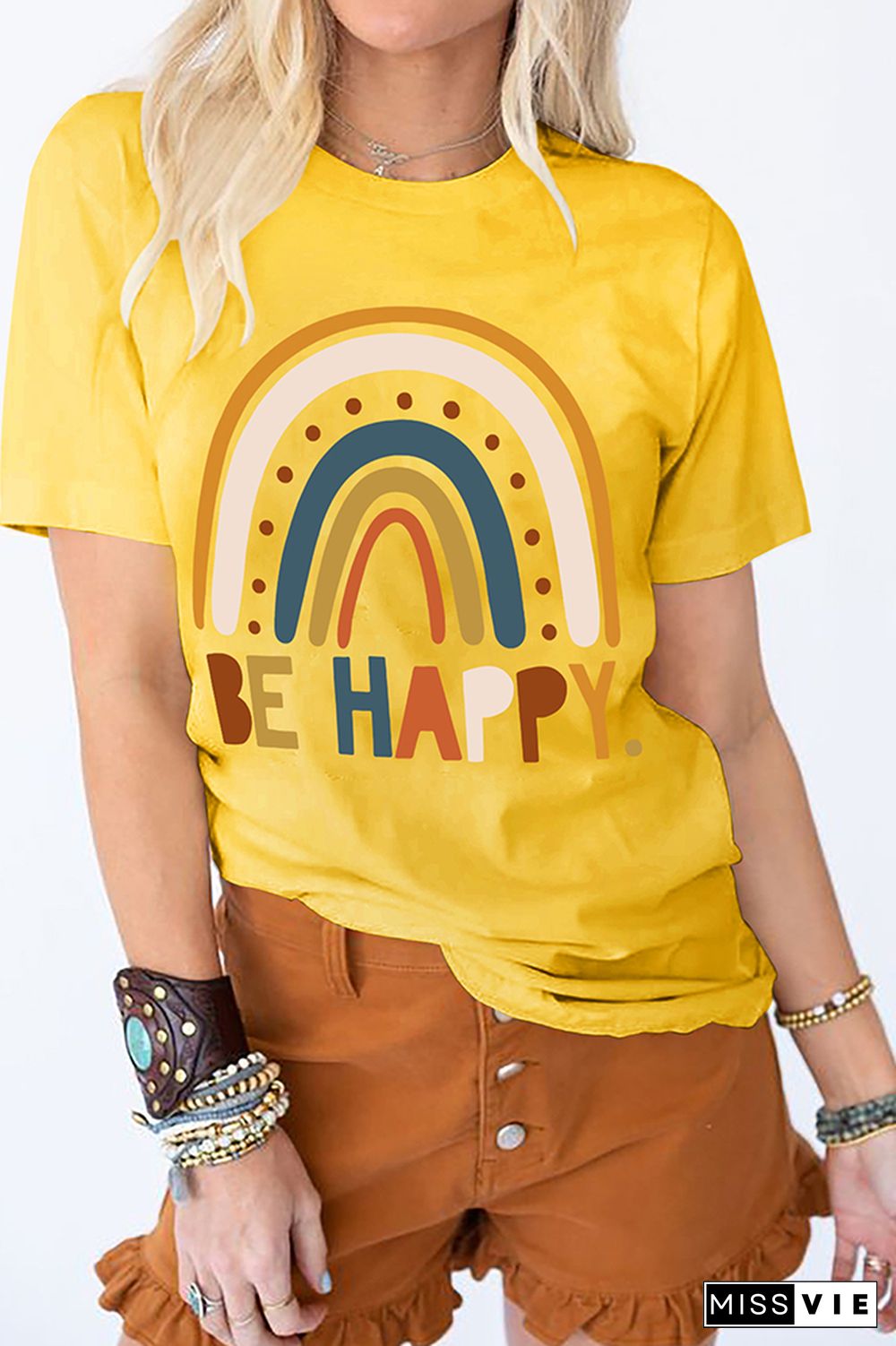 Be Happy Print Graphic Tees for Women Wholesale Short Sleeve T shirts Top