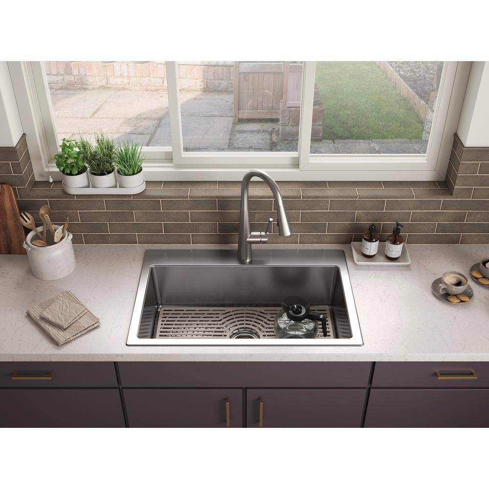 KOHLER Cursiva All-in-One Stainless Steel 33 in. Single Bowl Drop-In or Undermount Kitchen Sink with Faucet K-RH28174-1PC-NA