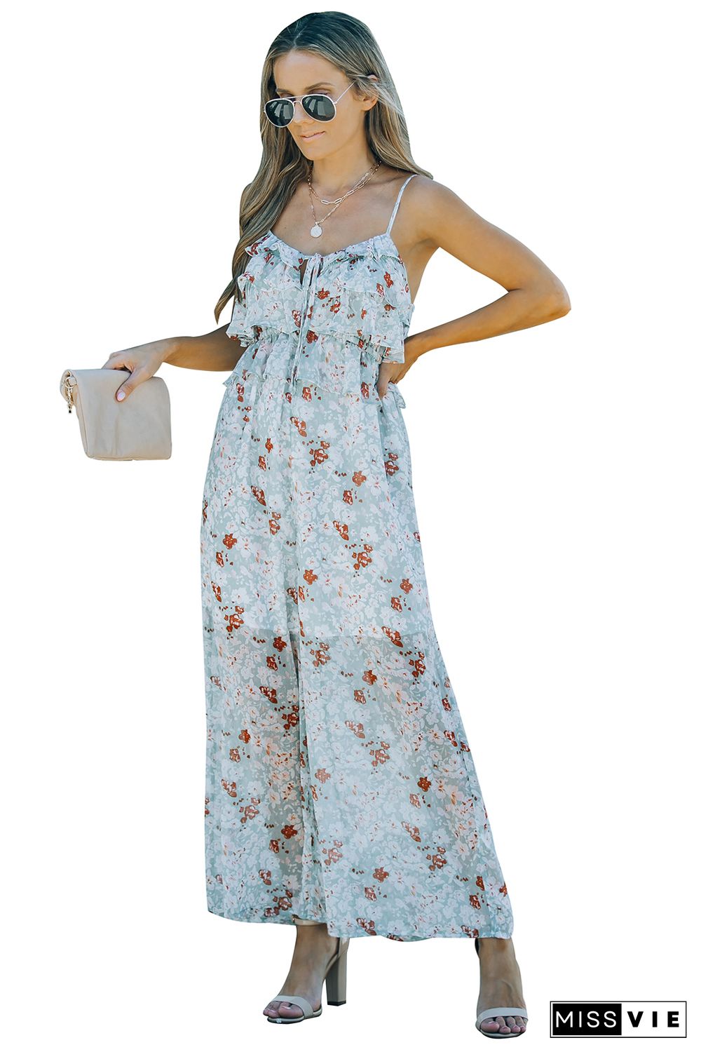 Floral Print Spaghetti Strap Ruffled Wide Leg Jumpsuit