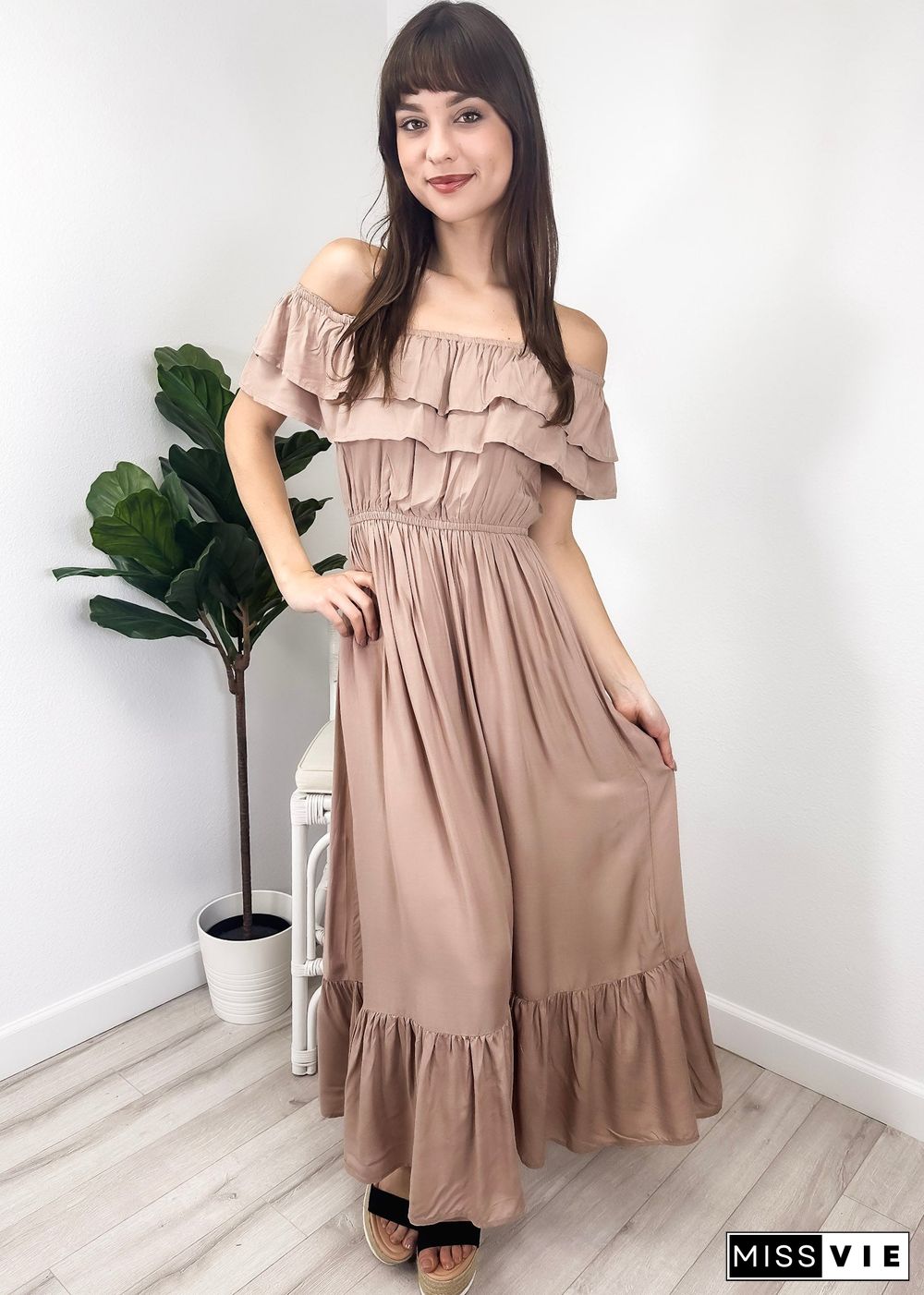 Grecian Ruffle Stretch Maxi Long Dress