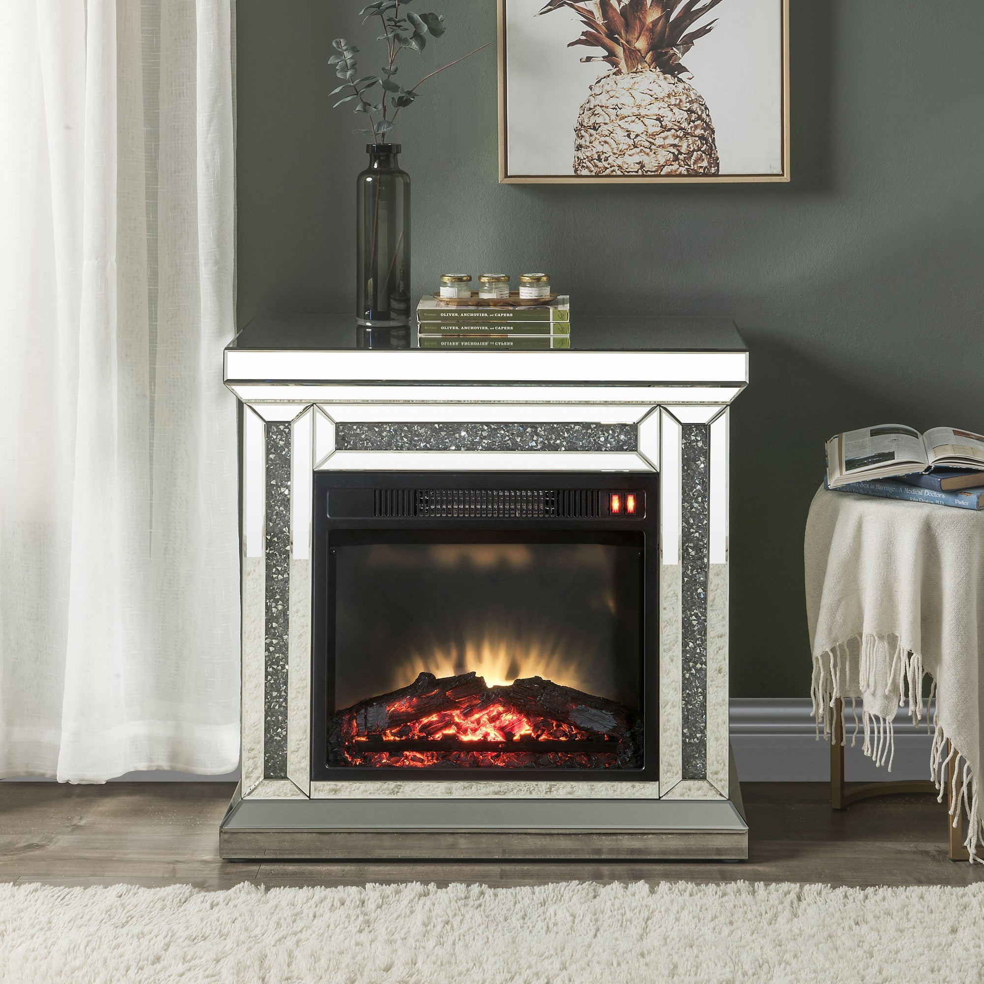 Acme Furniture Noralie Freestanding Electric Fireplace in Mirrored and Faux Diamonds