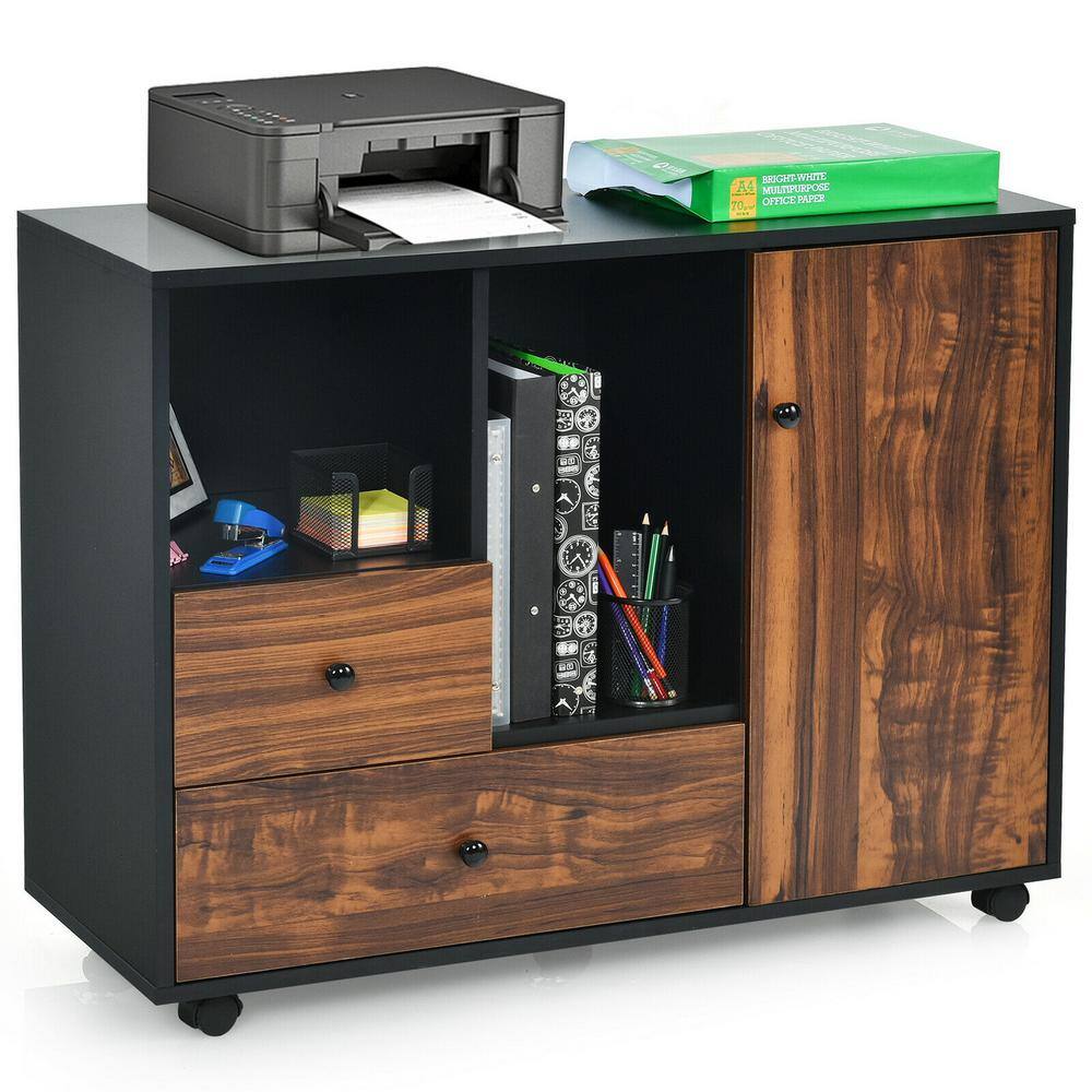 FORCLOVER Brown and Black Lateral Removable Filing Cabinet Printer Stand with 2-Drawers and 3-Shelves W320-H66H