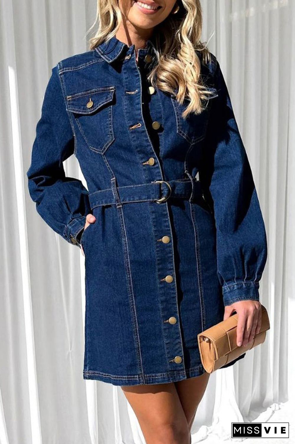 Casual Solid Pocket Buckle With Belt Turndown Collar Long Sleeve Straight Denim Dresses