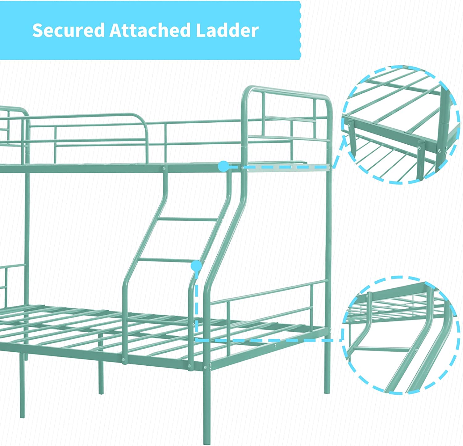 cuoote Twin Over Full Bunk Bed w/Ladder and Guardrail, Space-Saving Design, No Box Spring Needed, Mint Green