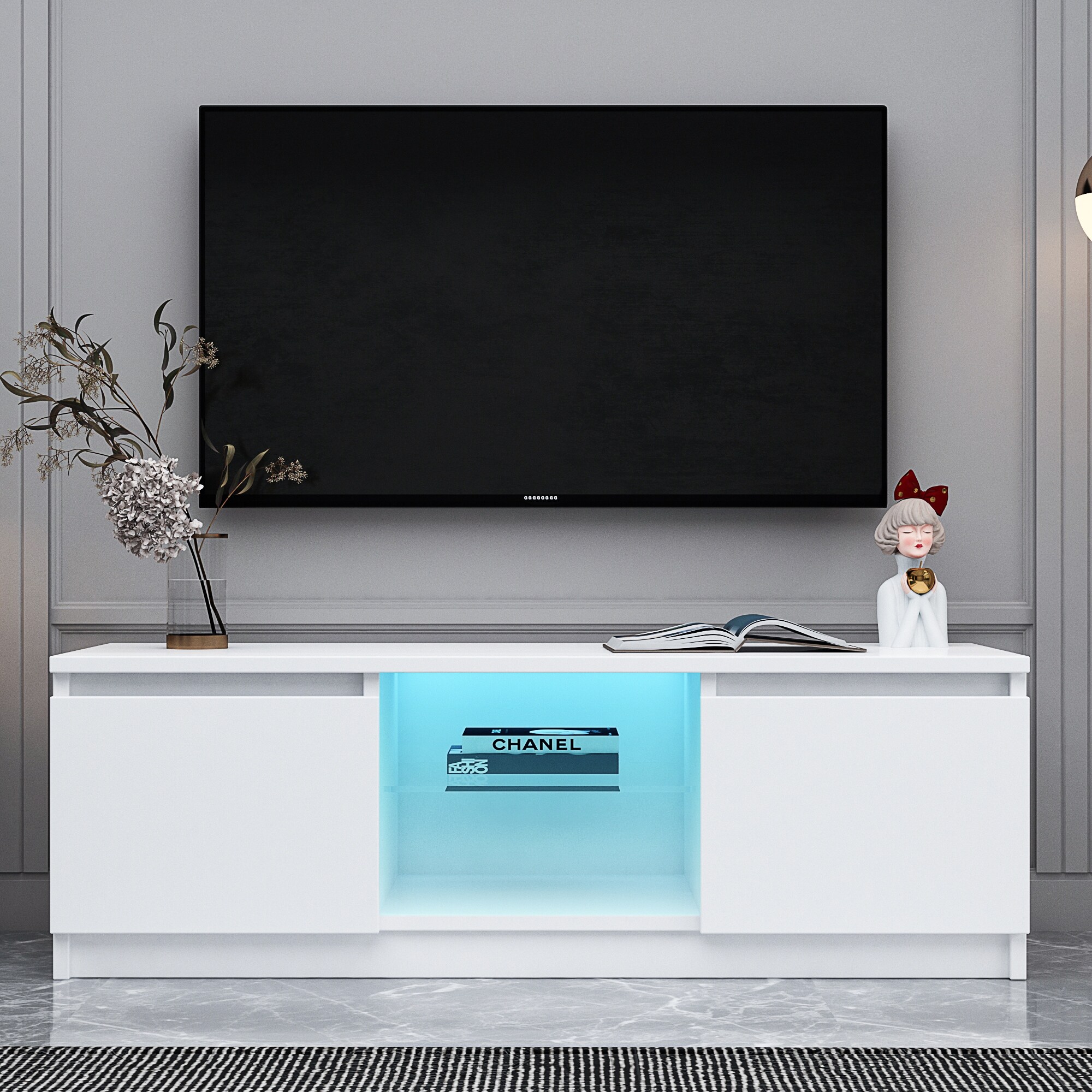 TV Stand with Lights， Modern LED TV Cabinet with Storage Drawers