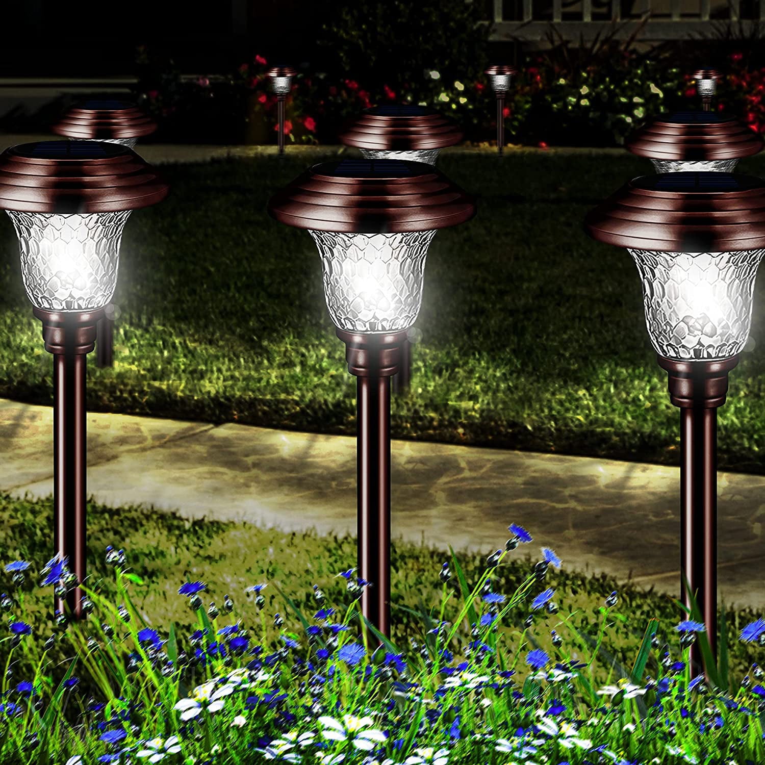 8 Pack Solar Walkway Lights Outdoor， Decorative Solar Garden Lights Waterproof Glass Stainless Steel Auto-on/off Solar Landscape Lights for Lawn， Patio， Yard， Garden， Pathway， Driveway