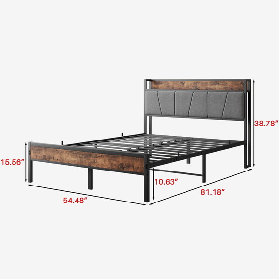 Full Size Bed Frame  Storage Headboard with Chargi...