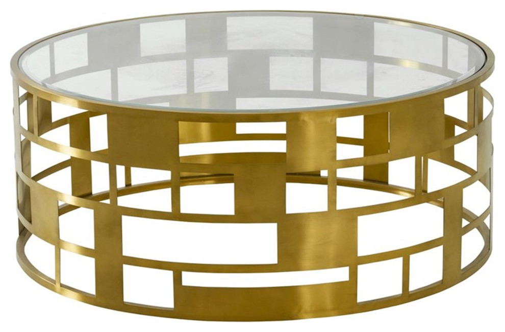 Modrest Kudo Round Glass  ampStainless Steel Coffee Table in Gold/Clear   Contemporary   Coffee Tables   by Homesquare  Houzz