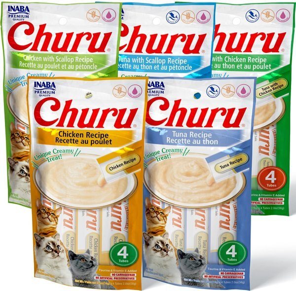 Inaba Churu Grain-Free Chicken， Tuna， Scallop Puree Variety Pack Lickable Cat Treat