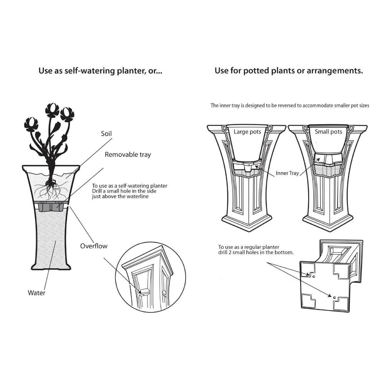 Heritage Self Watering Large Tall Outdoor Garden Patio Planter Pot, 2 Pack