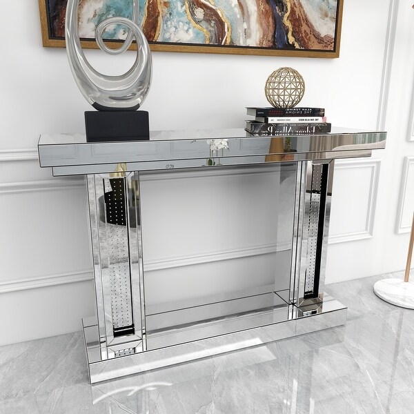 Silver Lighted Crystal Mirrored Glam Console Table 32 x 48 x 14