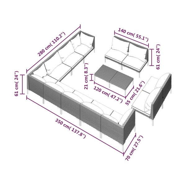 13 Piece Patio Lounge Set with Cushions Poly Rattan Dark Gray - Overstock - 36364774