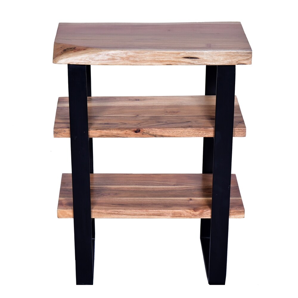 20 Inches Industrial End Side Table with Artisinal Live Edge Wood  Metal Legs  Brown  Black