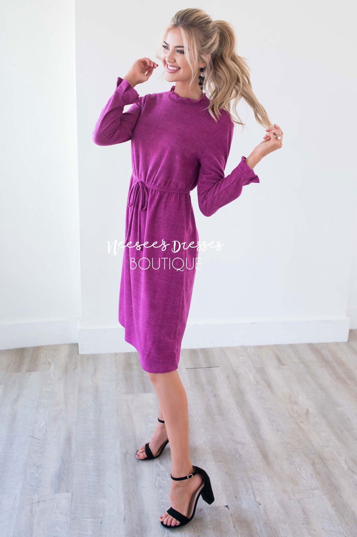 The Keely Ruffle Neckline & Wrists Sweater Dress