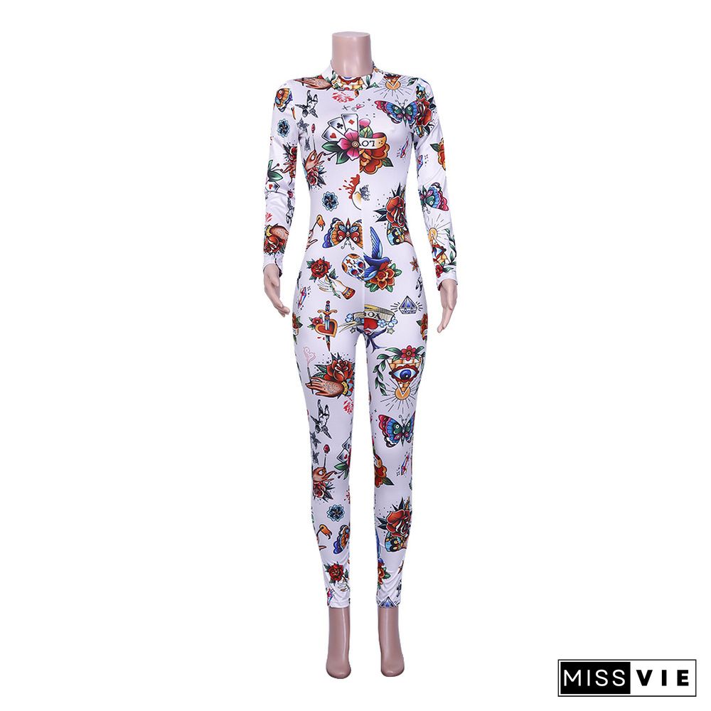 Floral Print Long Sleeve O Neck Skinny Jumpsuit