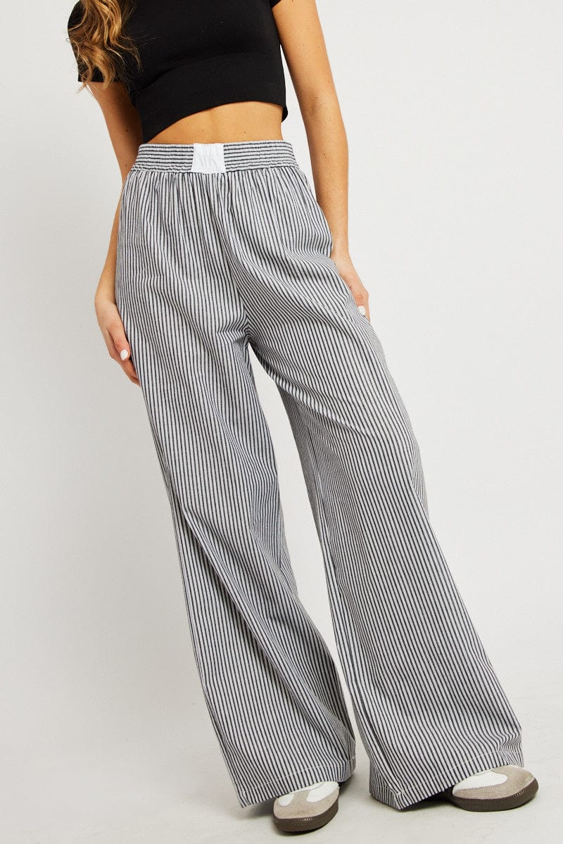 Grey Stripe Wide Leg Pants High Rise