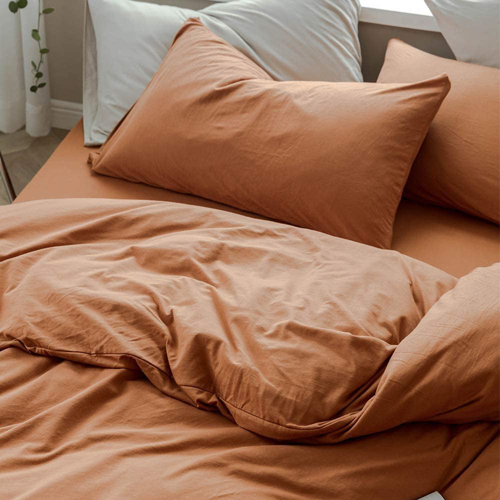 MKXI Caramel Pumpkin Duvet Cover Twin Size，Solid Brown Bedding Set，Soft Jersey Cotton Simple Bedroom Collection，Solid Color Adults Bedding