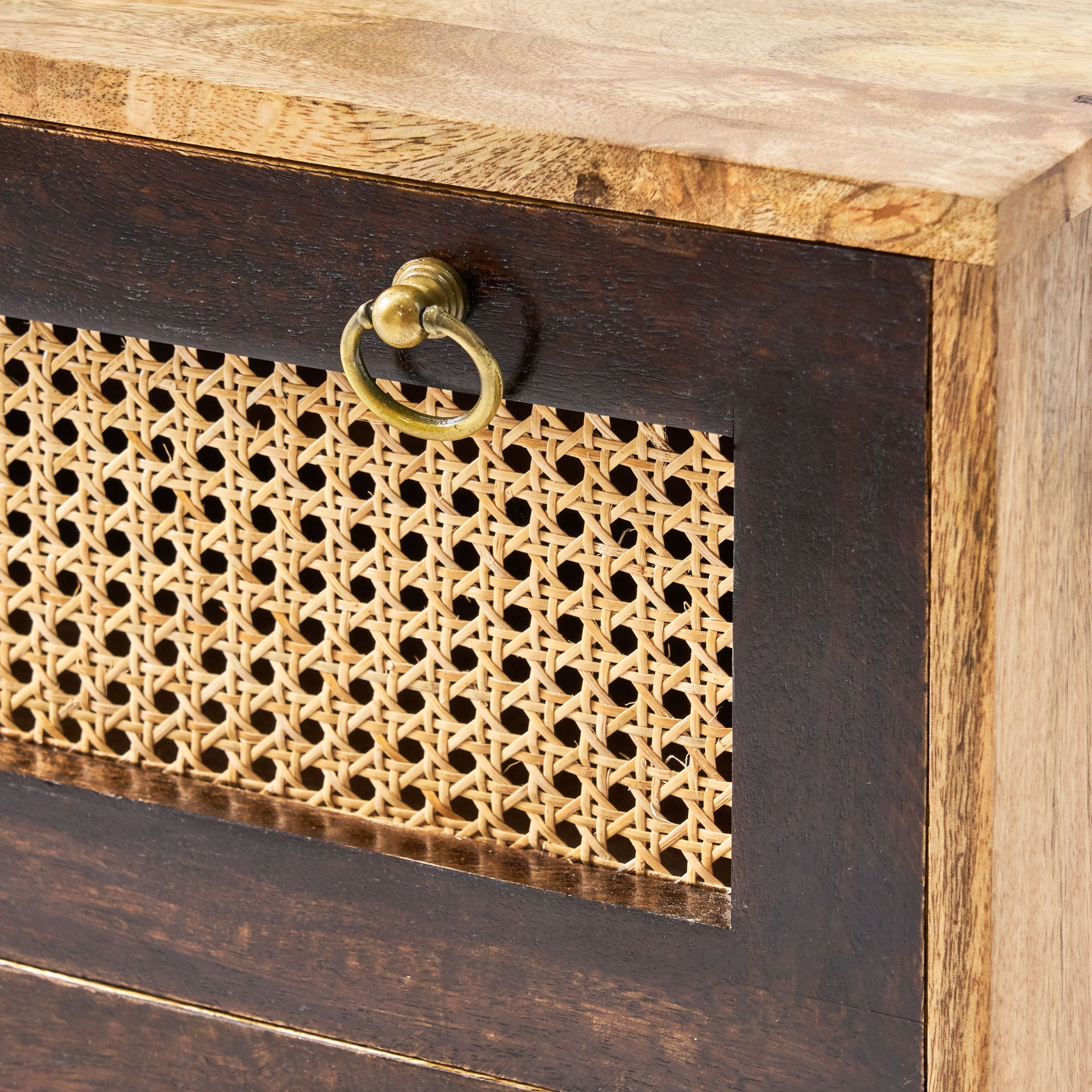 Missoula Boho Handcrafted Mango Wood 3 Drawer Sideboard, Natural and Walnut