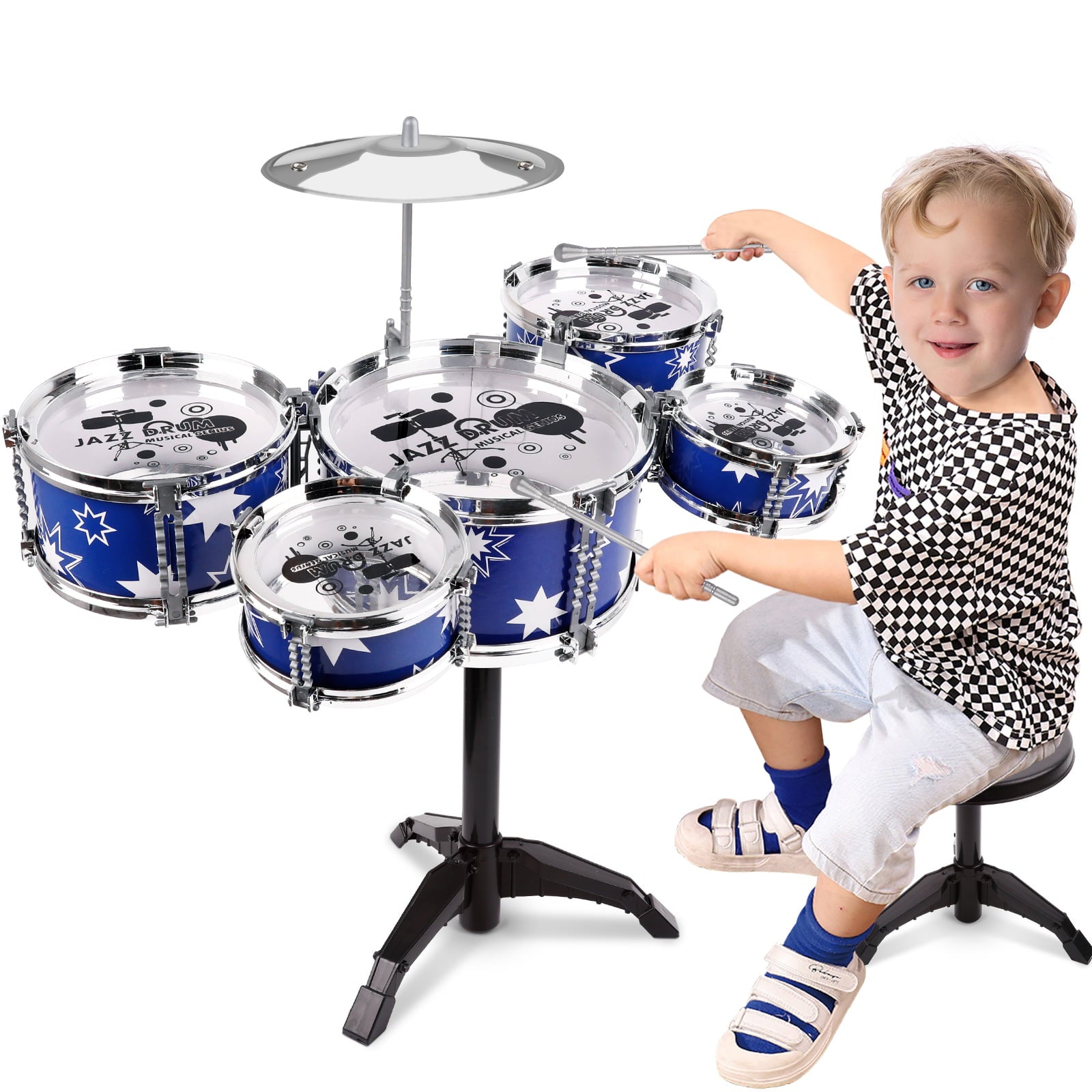 Shayson Drum Set for Kids Toddler Drum Set with Stool Kids Jazz Drum Kit Toys for 3-6 Year Old Boys