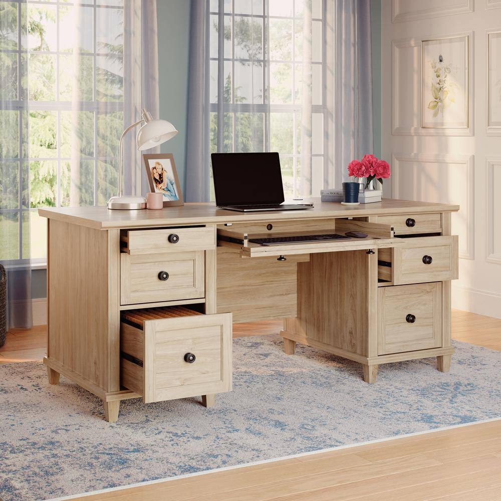 SAUDER Hammond 67.559 in. Chalk Oak Engineered Wood 6-Drawer Executive Desk with Flip-Down Keyboard Shelf 428246