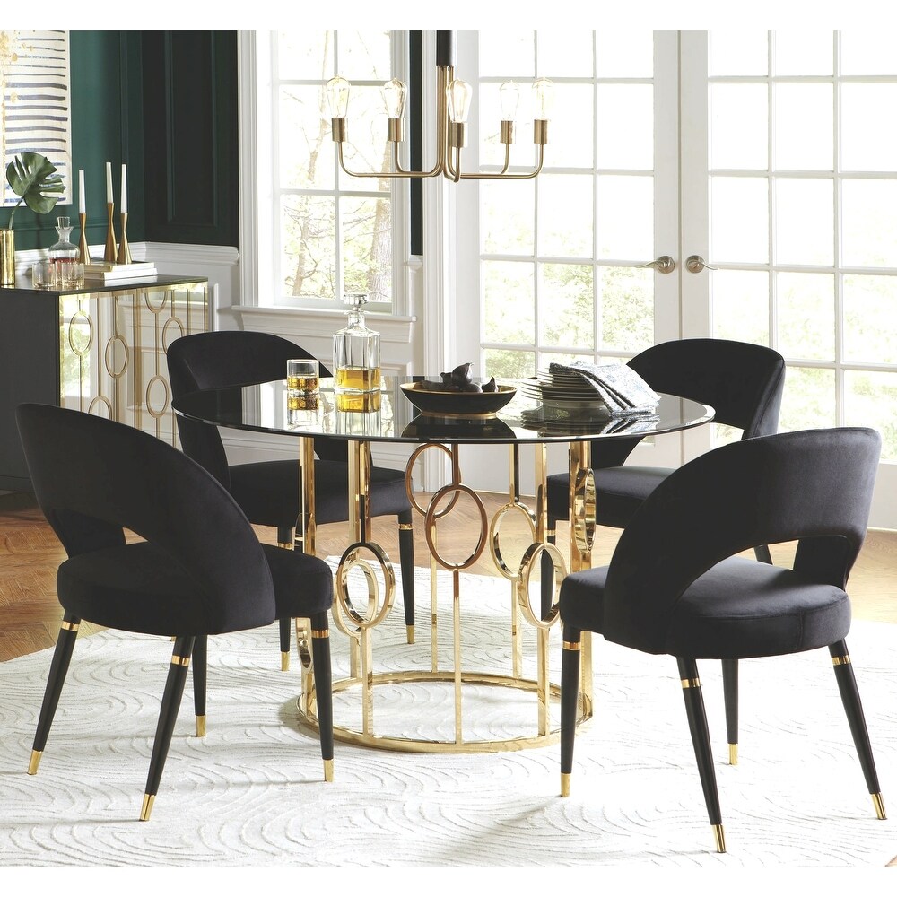 Modern Design Gold Frame Smoked Glass Top 5 piece Round Dining Set with Velvet Chairs